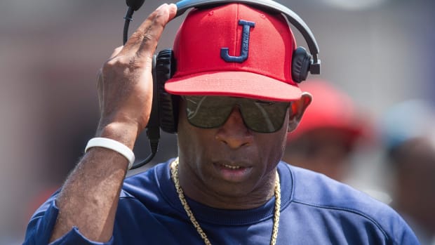 Jackson State coach Deion Sanders works the game against Grambling State during an NCAA college football game in Jackson, Miss., Saturday, Sept. 17, 2022. Tcl Grambling Jackson State